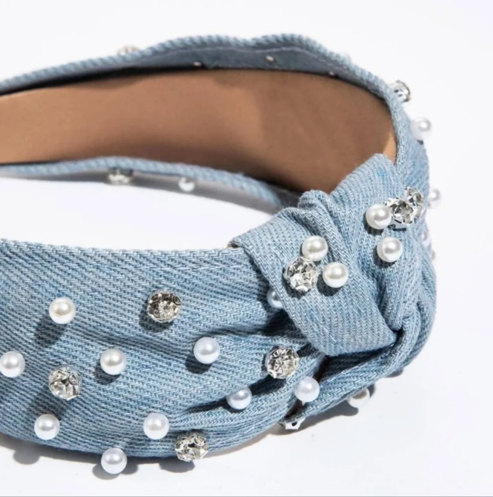NWOT Elegant Blue Denim Pearl-Embellished Top Knot Headband